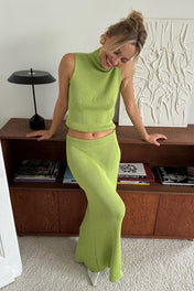 Conjunto Amaya Tricô Canelado Saia Longa e Regata Gola Alta