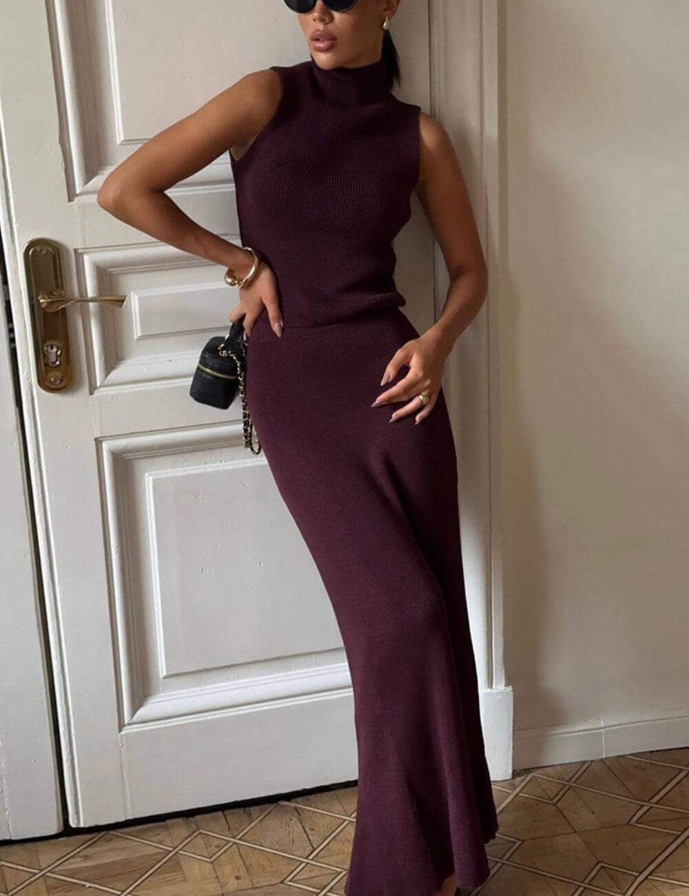 Conjunto Amaya Tricô Canelado Saia Longa e Regata Gola Alta