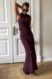 Conjunto Amaya Tricô Canelado Saia Longa e Regata Gola Alta