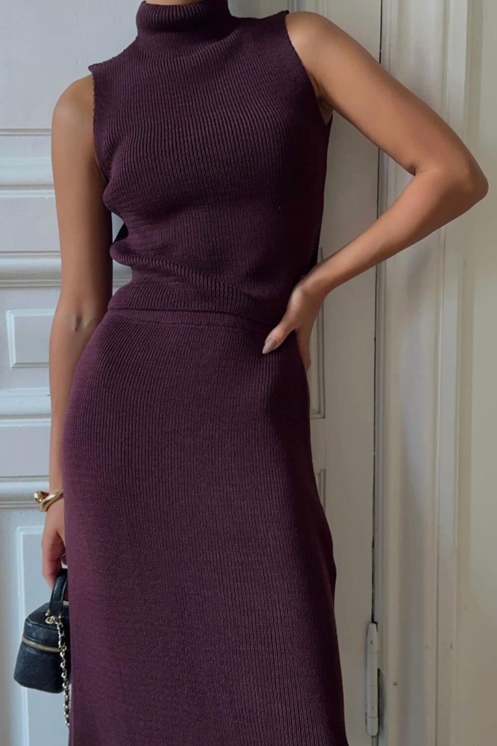 Conjunto Amaya Tricô Canelado Saia Longa e Regata Gola Alta