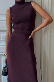 Conjunto Amaya Tricô Canelado Saia Longa e Regata Gola Alta