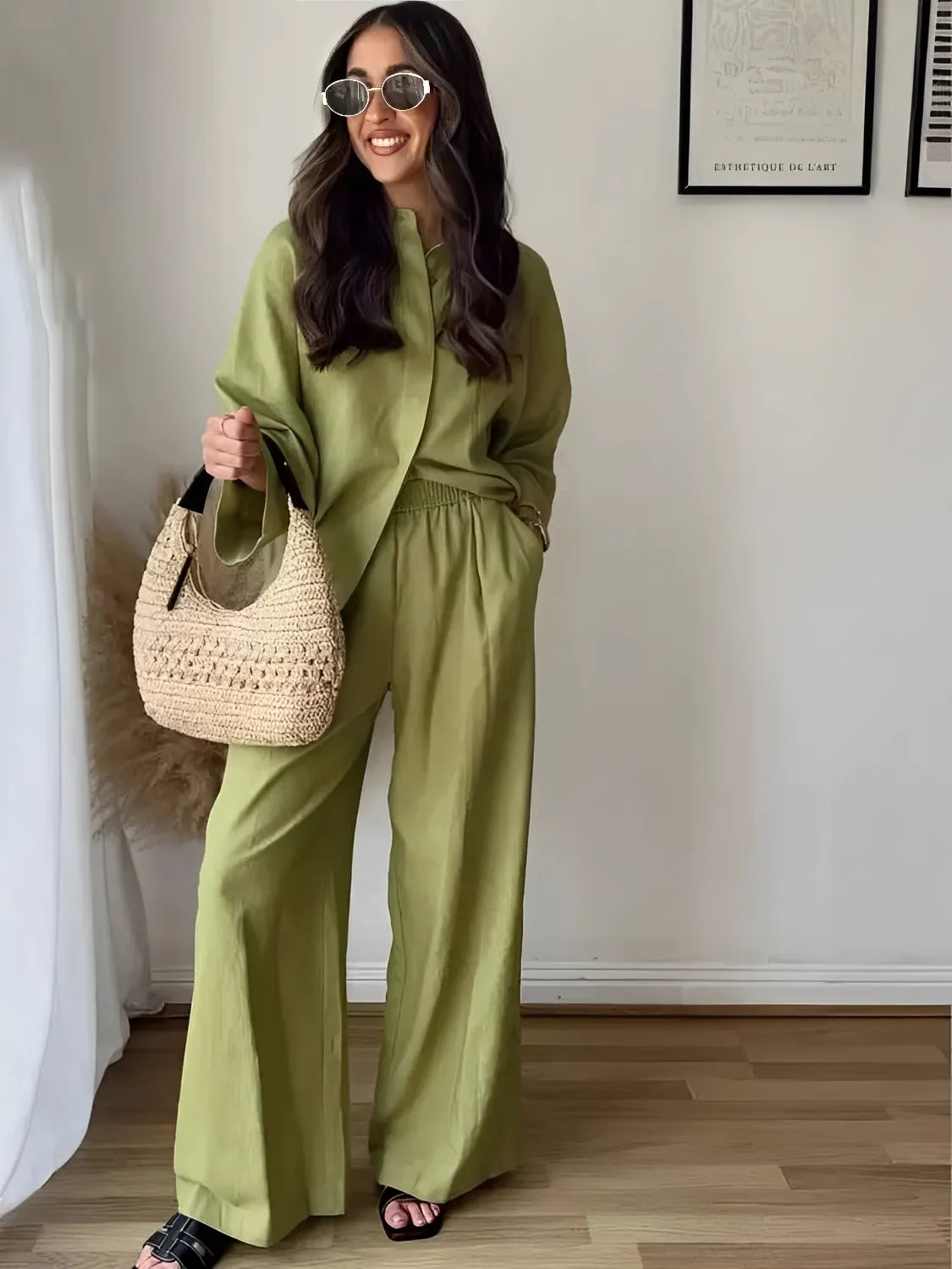 Conjunto feminino toque linho com camisa manga longa e calça pantalona ampla

