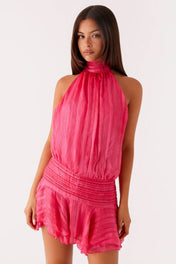 Vestido Amalfi Curto Acetinado com Gola Alta Drapeada