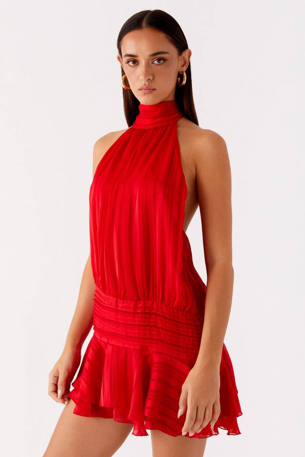 Vestido Amalfi Curto Acetinado com Gola Alta Drapeada