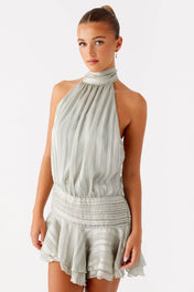 Vestido Amalfi Curto Acetinado com Gola Alta Drapeada