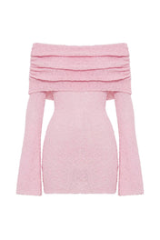 Vestido Menorca Curto em Tricô Texturizado Off Shoulder