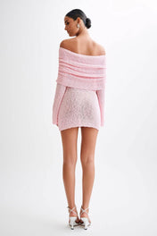 Vestido Menorca Curto em Tricô Texturizado Off Shoulder