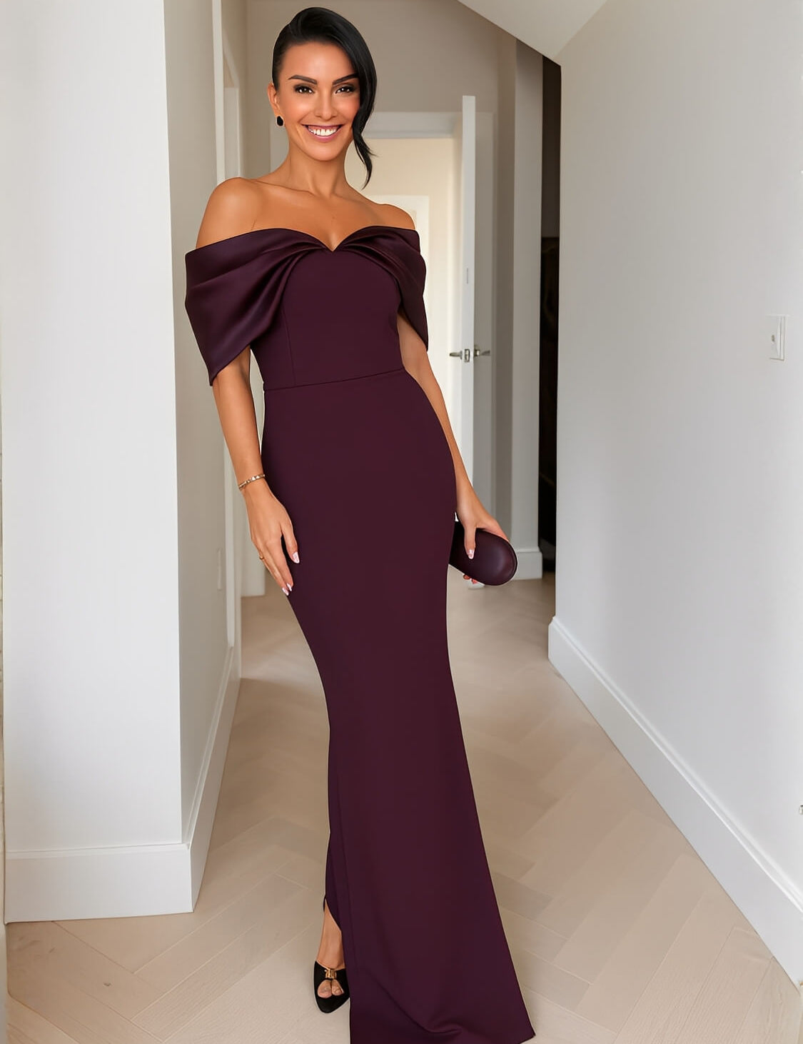 Vestido longo Nyla vinho com decote ombro a ombro e torção em cetim, silhueta reta e fenda discreta para eventos noturnos